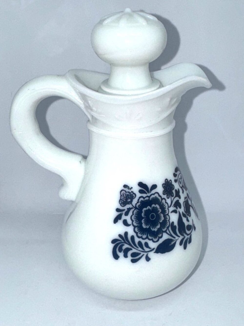 Vintage 1970s Avon Milk Glass Pitcher with Stopper with Deft Blue Floral Pattern - Picture 6 of 8